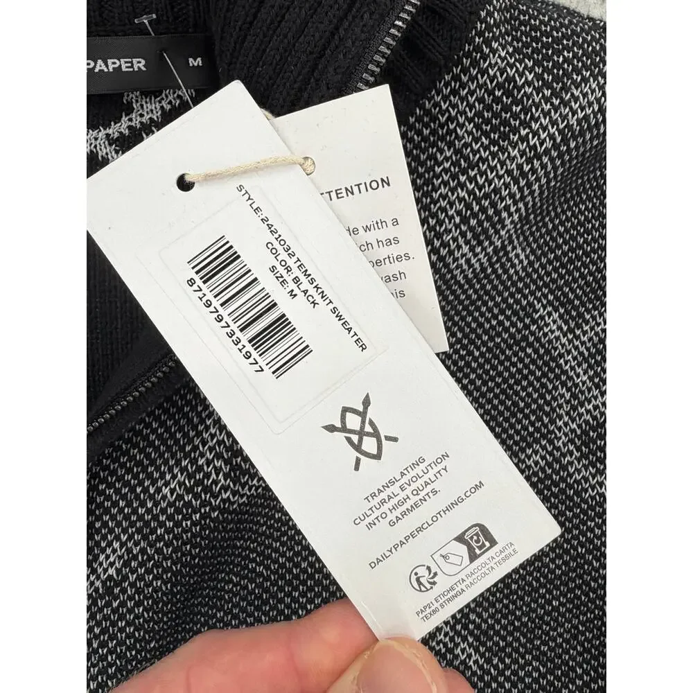 NWT Daily Paper Tems Black Knit Monogram Quarter-Zip Sweater Size MEDIUM